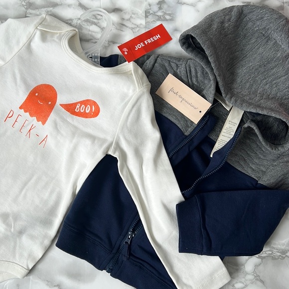 Joe Fresh & First Impressions - Long sleeved onesie & Hoodie - White, Blue/grey - Picture 1 of 7